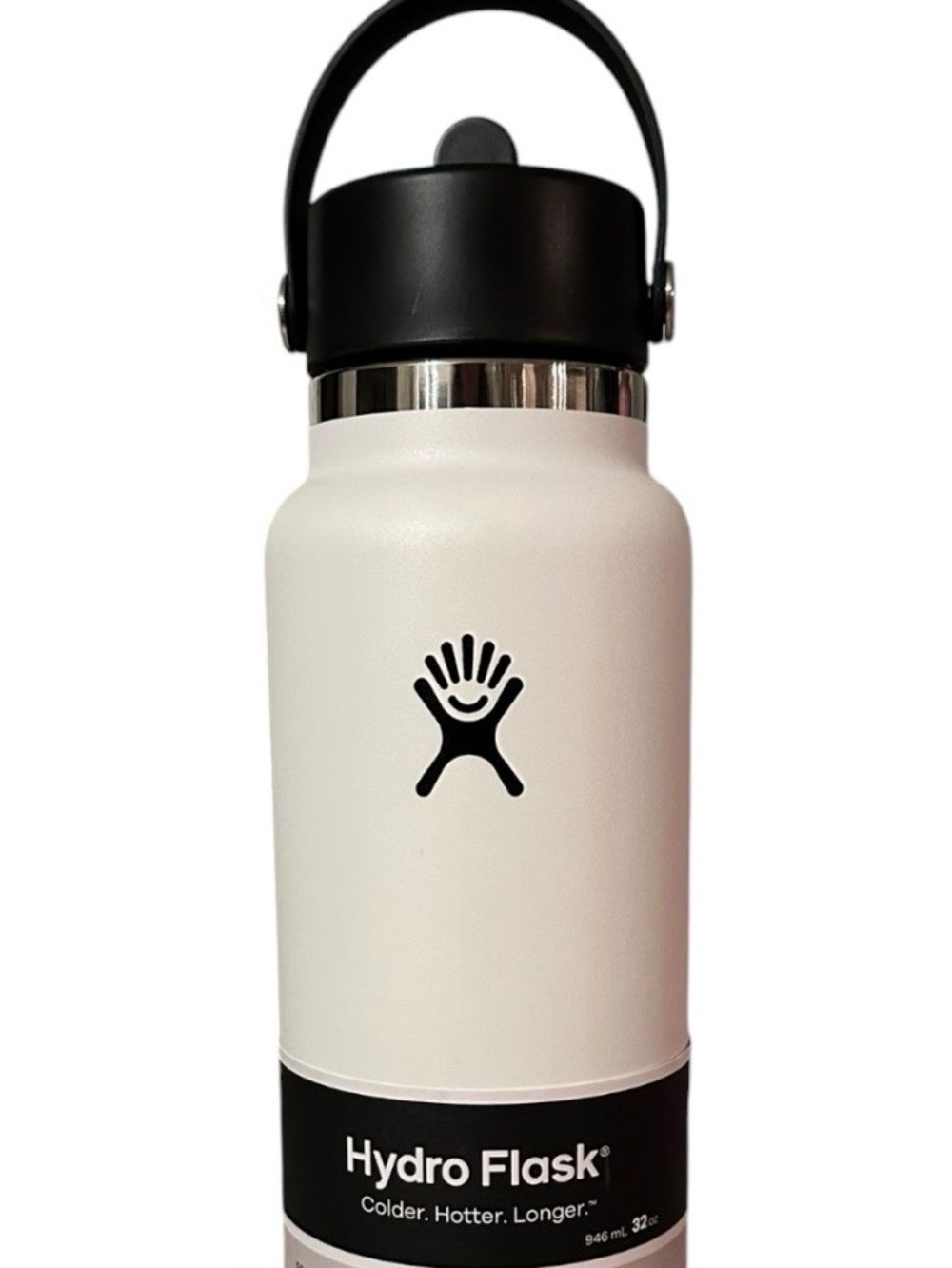 32oz. Hydro Flask White Bottle with Black Lid and Logo